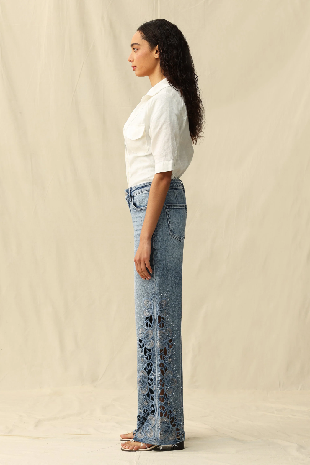 Mid Rise Embroidered Lace Wide Leg Jeans