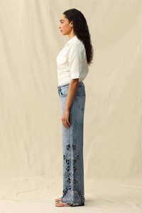 Mid Rise Embroidered Lace Wide Leg Jeans