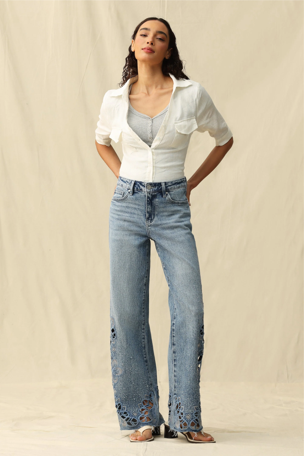 Mid Rise Embroidered Lace Wide Leg Jeans