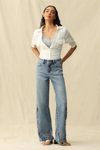 Mid Rise Embroidered Lace Wide Leg Jeans