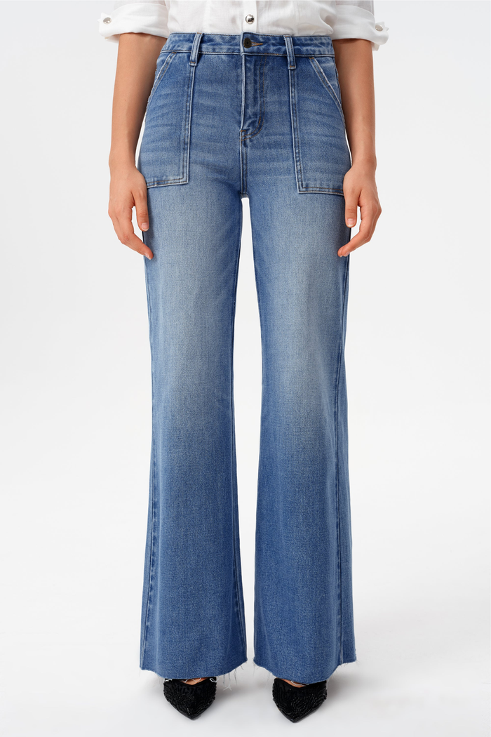 High Rise Raw Hem Wide Leg Jeans