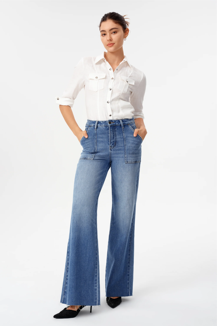 High Rise Raw Hem Wide Leg Jeans