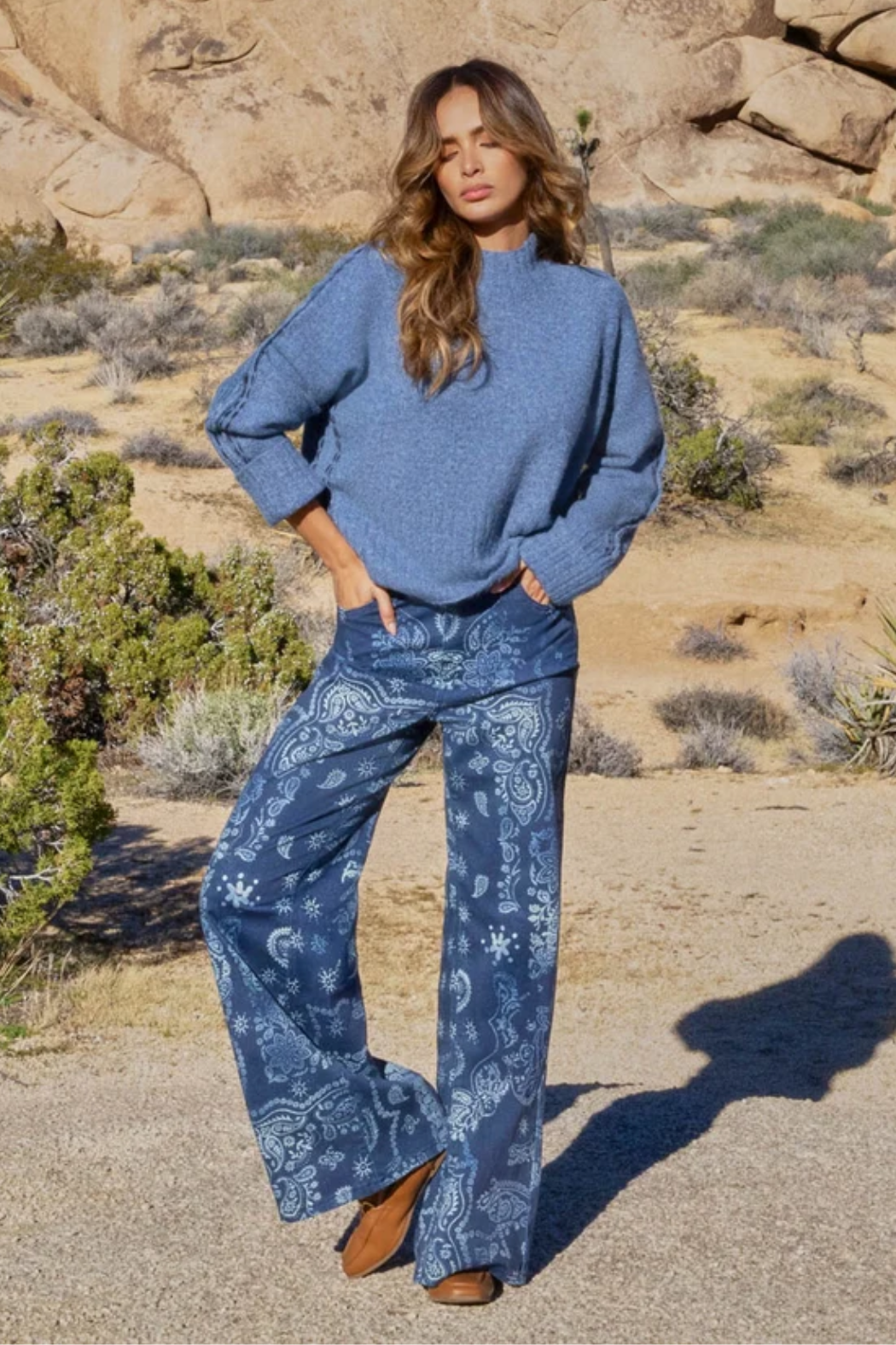 Contrast Stitch Mock Neck Sweater - Heather Denim
